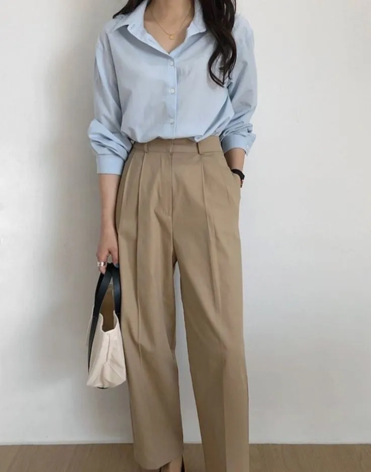 Beige formal pant with sky button down