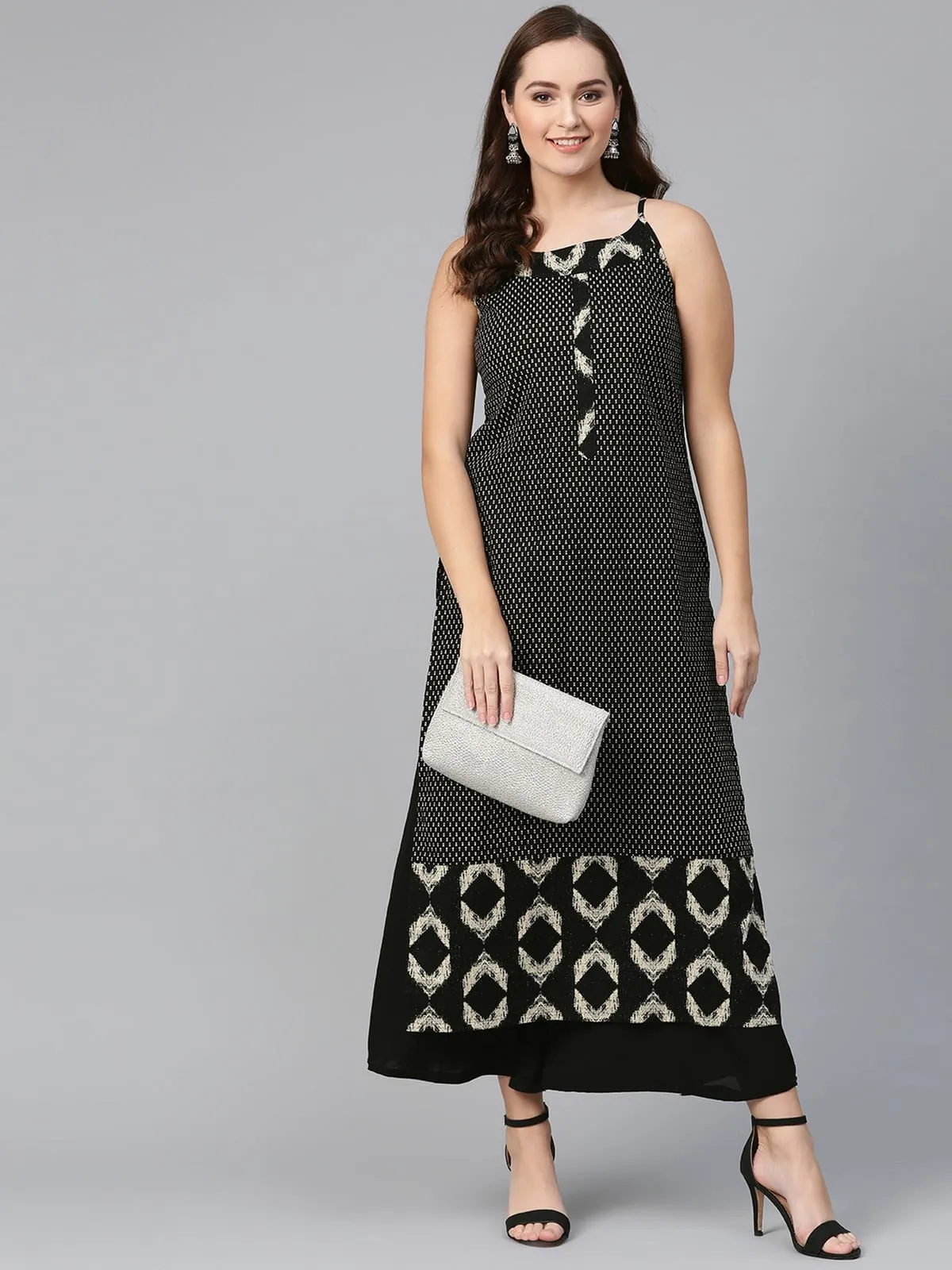 Black Sleeveless Printed Long Kurta