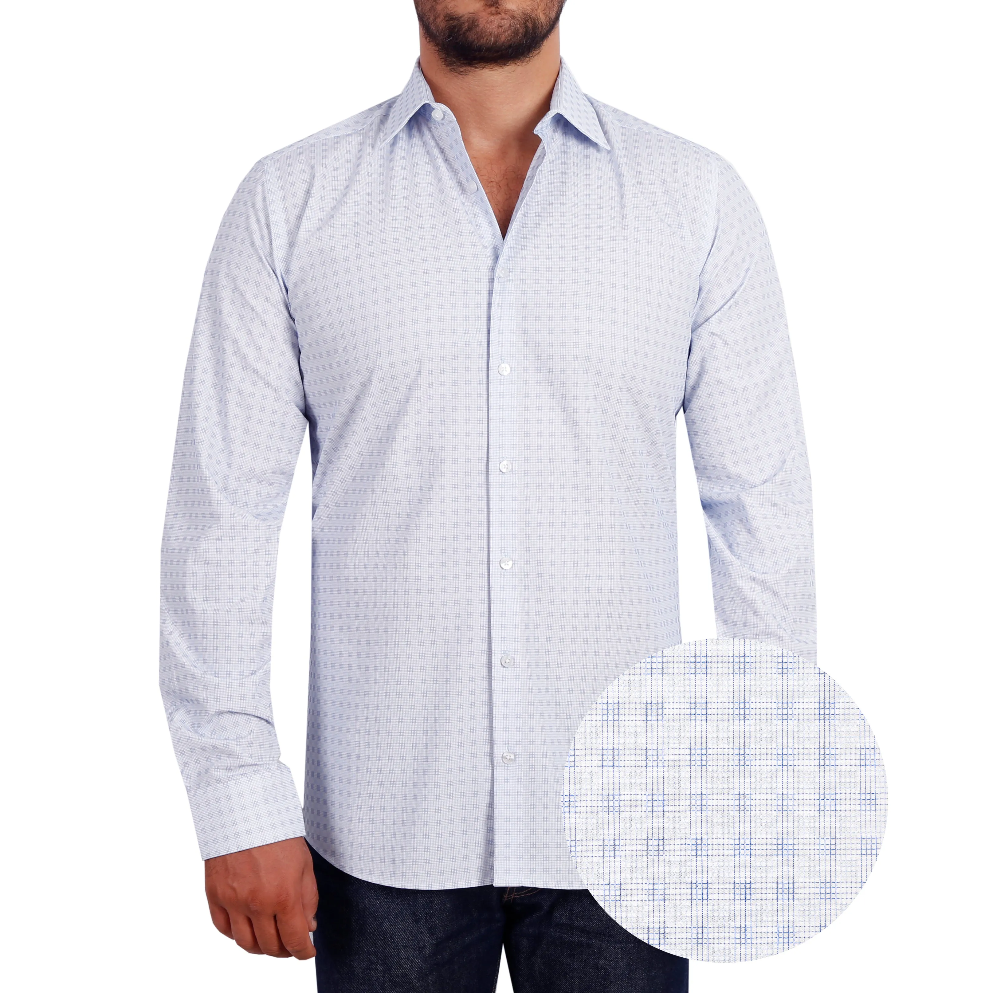 Blue Fine Micro Grid Check Men's Shirt