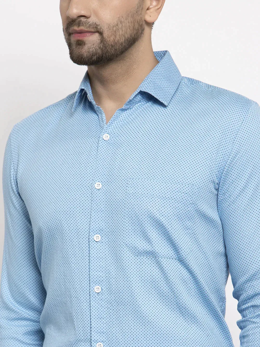 Blue Men's Cotton Polka Dots Formal Shirts