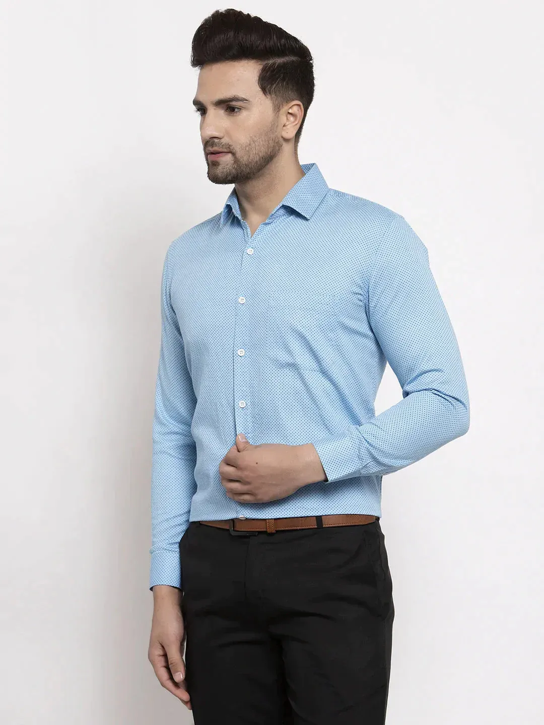 Blue Men's Cotton Polka Dots Formal Shirts