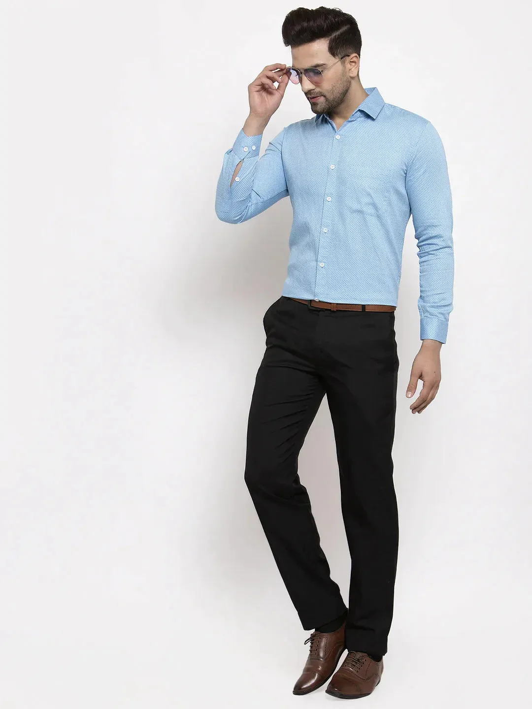 Blue Men's Cotton Polka Dots Formal Shirts