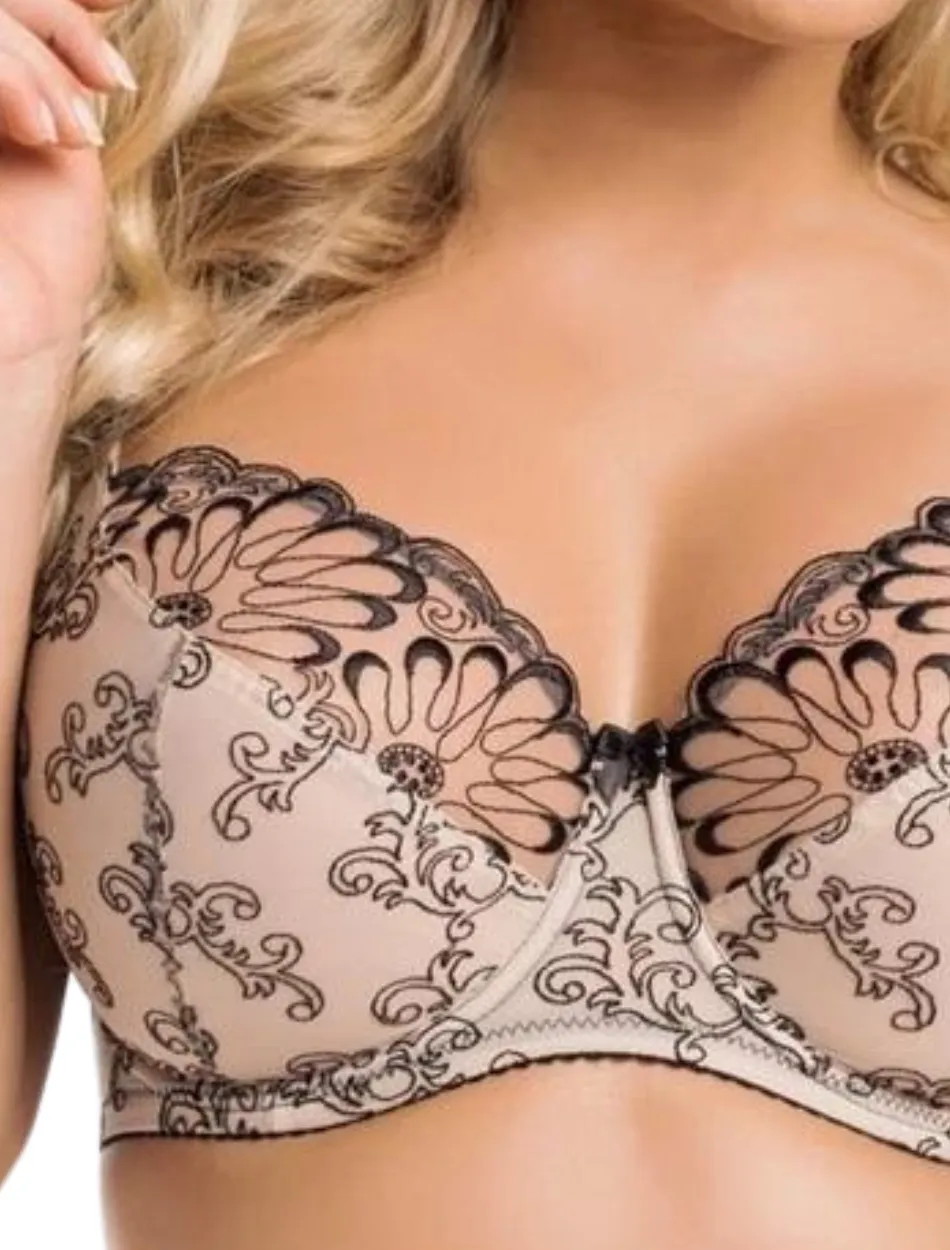 Bras and Honey Tattoo Underwire Bras Sizes 40-48 | Beige & Black Full Cup Lace Bras | Beige Floral Lace Bras