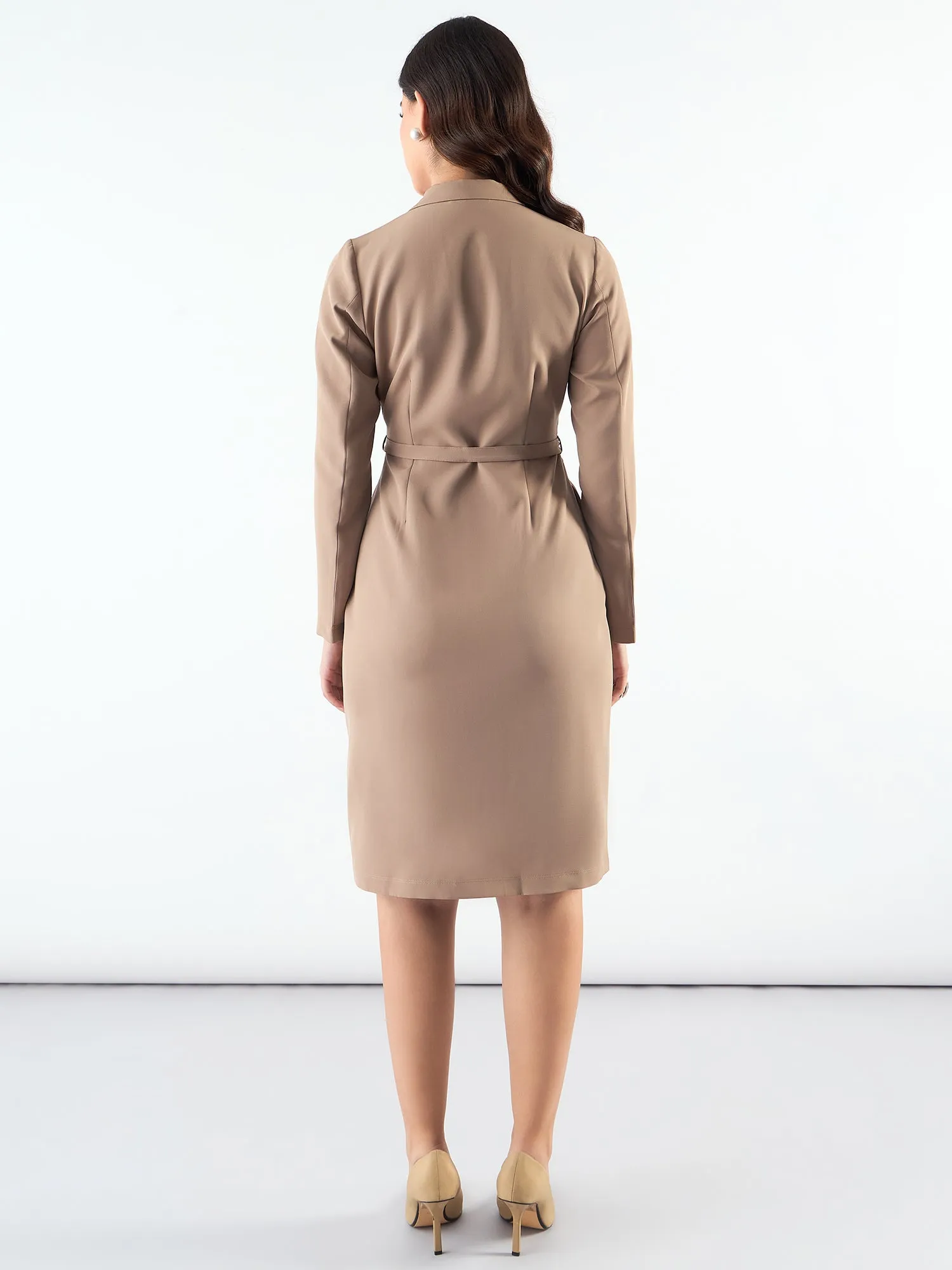 Classic Beige Tailored Above Knee Length Dress With Notched Collar In Stretchable Fabric