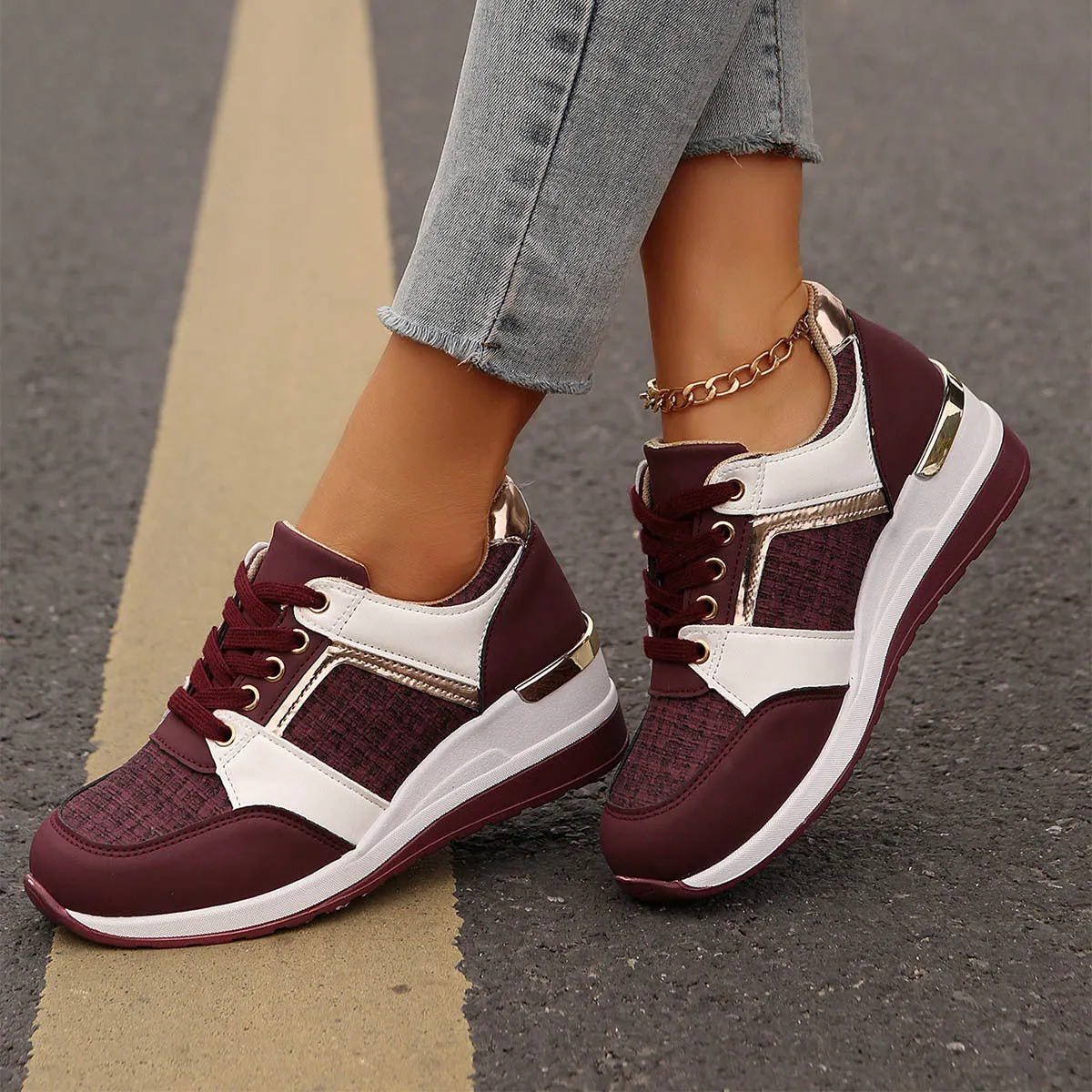 Colorblock Lace-Up Sneakers Fashion Casual Thick-soled Sports Shoes Women's Round Toe Slip On Casual Shoes