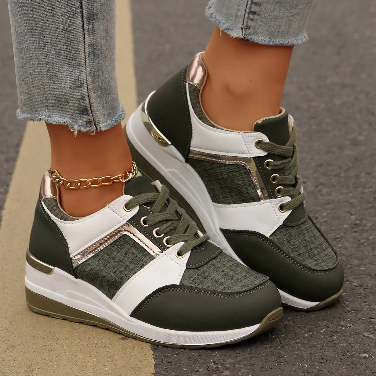 Colorblock Lace-Up Sneakers Fashion Casual Thick-soled Sports Shoes Women's Round Toe Slip On Casual Shoes