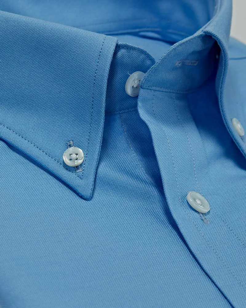 Contemporary Fit Blue Fine Oxford Cotton Shirt with Button Down Collar & Two Button Cuff