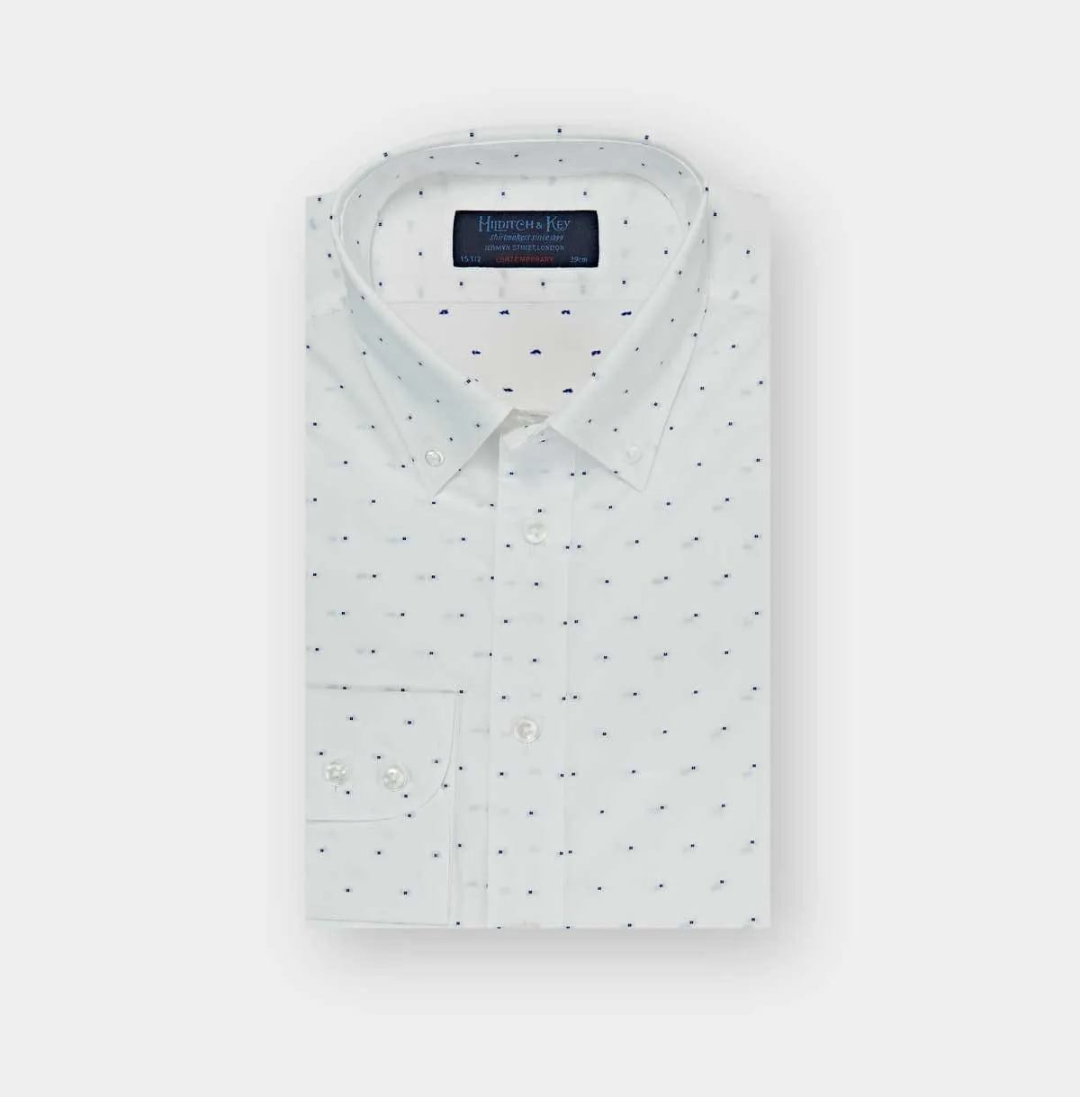 Contemporary Fit Button Down Collar 2 Button Cuff Shirt In White With Small Blue Square