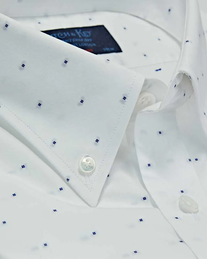 Contemporary Fit Button Down Collar 2 Button Cuff Shirt In White With Small Blue Square