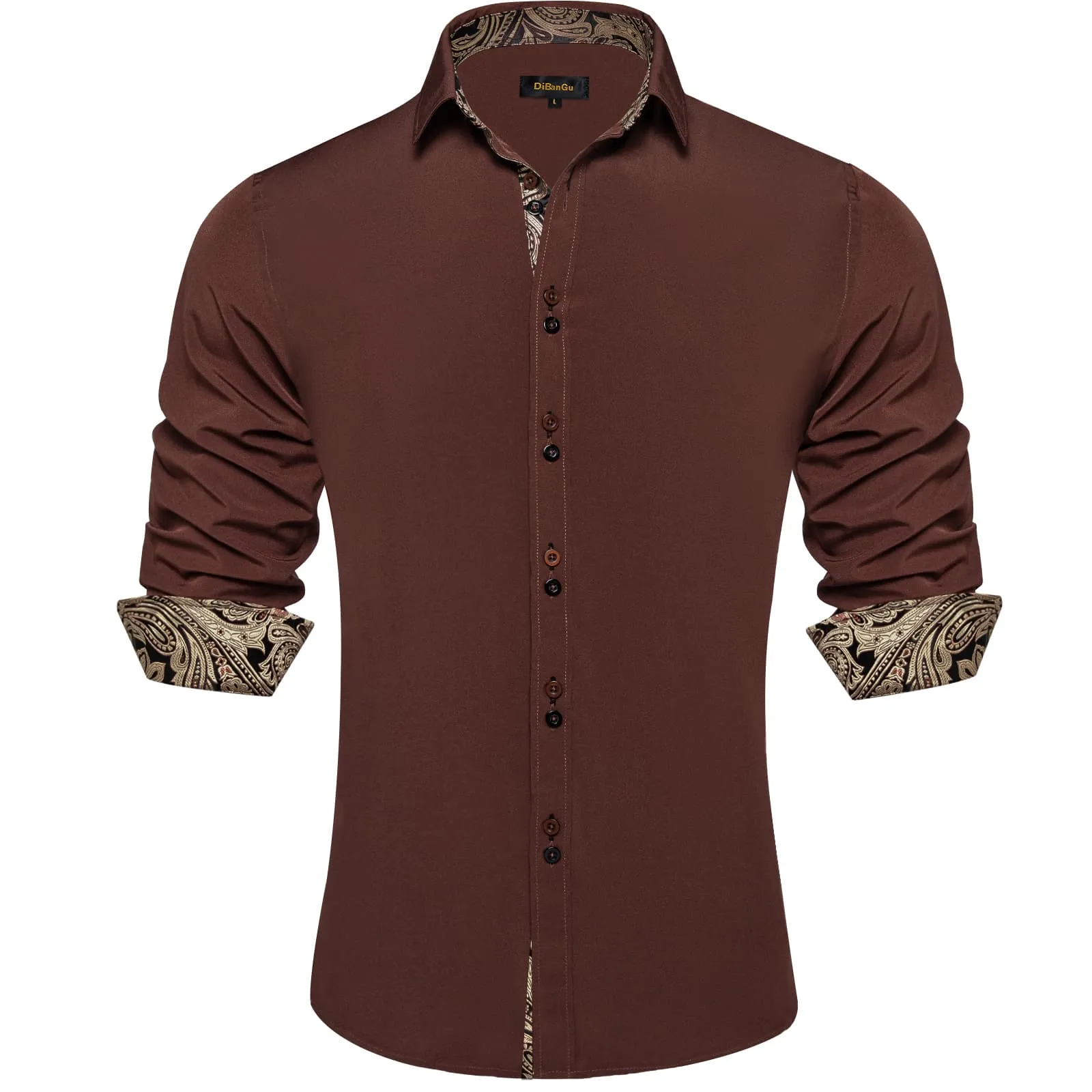 DiBanGu Mens Dress Shirt Solid Pecan Brown Splicing Paisley Silk Button Down Shirt