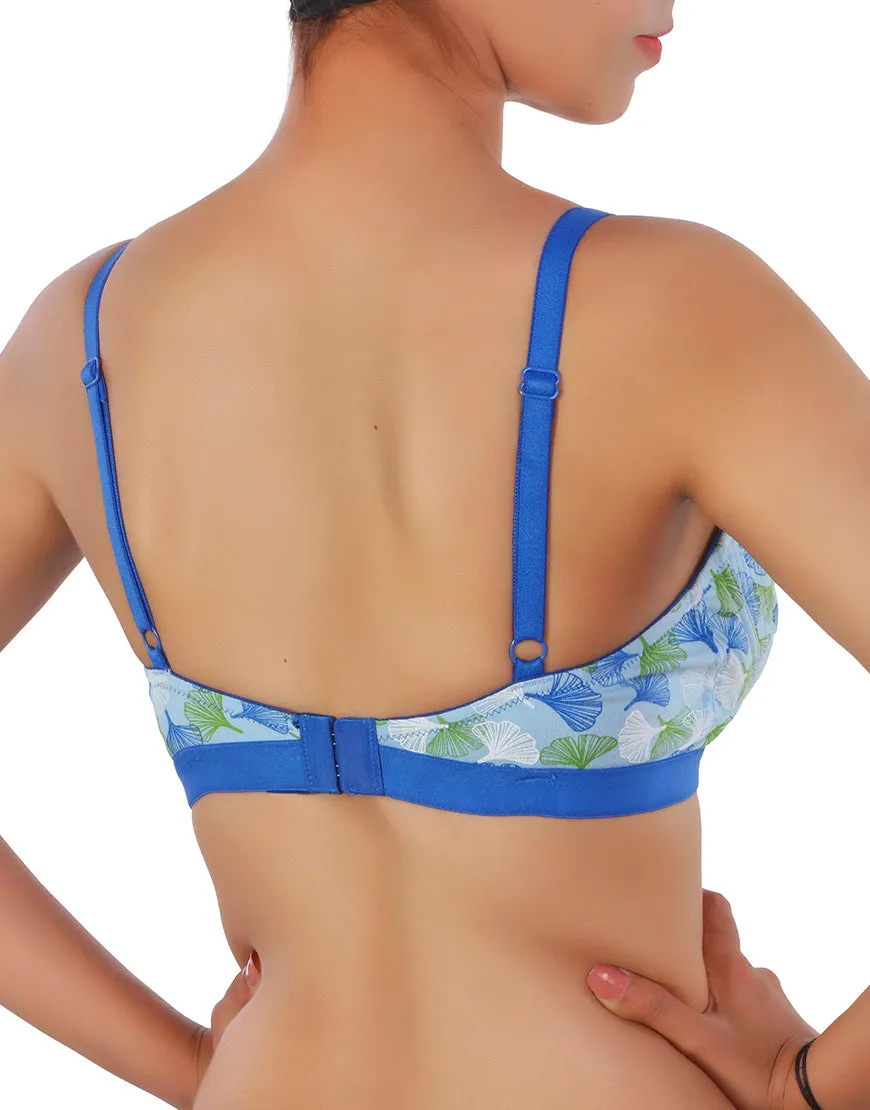 DOUBLE LAYERED COTTON WIREFREE BRA  WITH FLORAL PRINT-BLUE