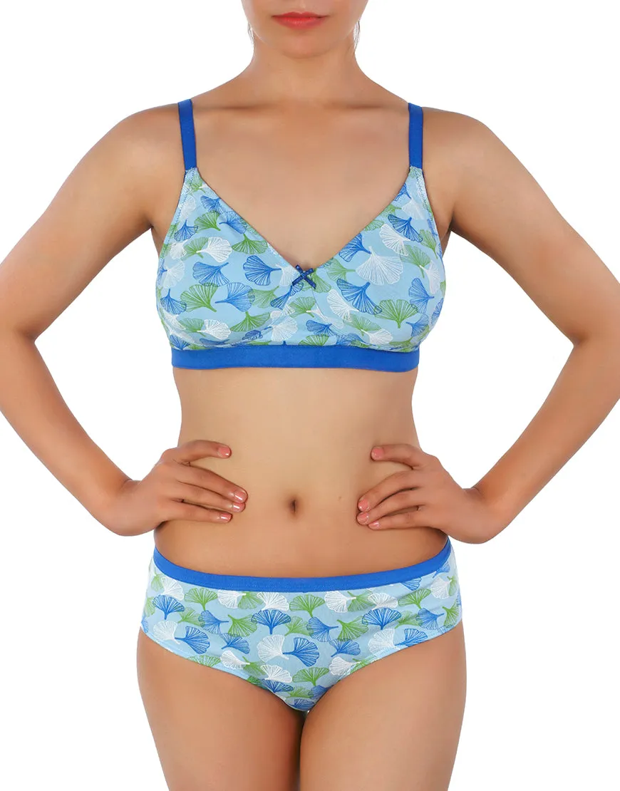 DOUBLE LAYERED COTTON WIREFREE BRA  WITH FLORAL PRINT-BLUE