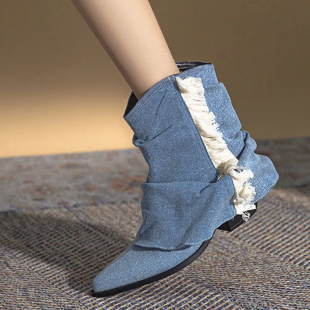 elveswallet Denim pleated fringed western boots