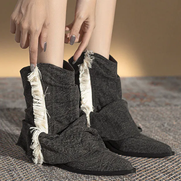 elveswallet Denim pleated fringed western boots