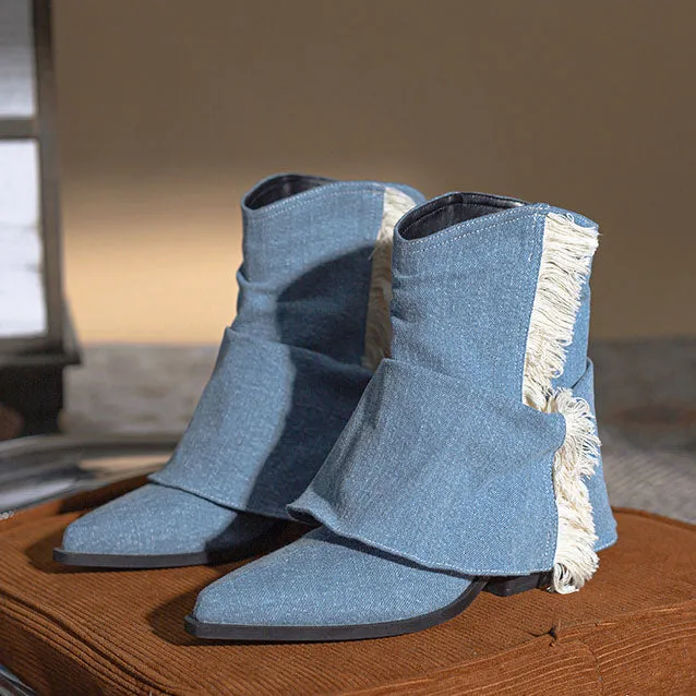 elveswallet Denim pleated fringed western boots