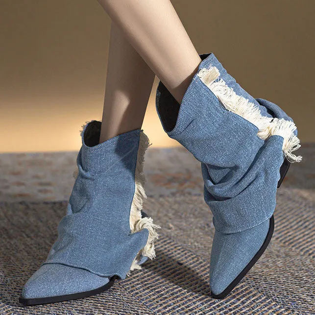 elveswallet Denim pleated fringed western boots