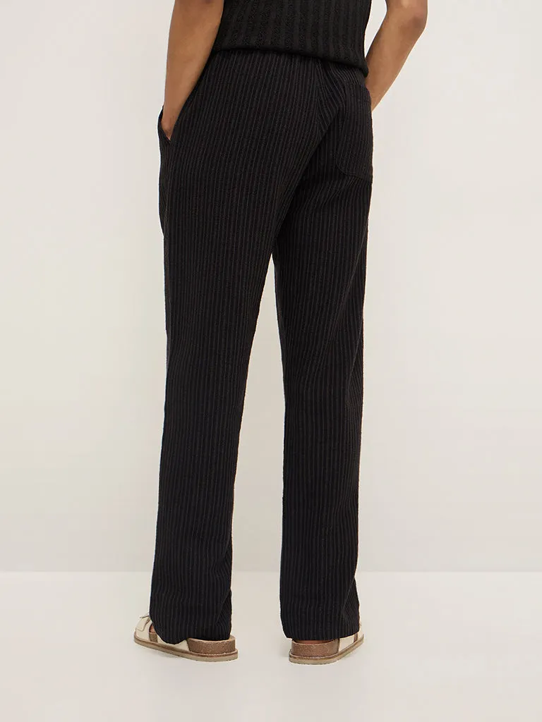 ETA Black Pinstriped Relaxed-Fit Mid-Rise Cotton Chinos