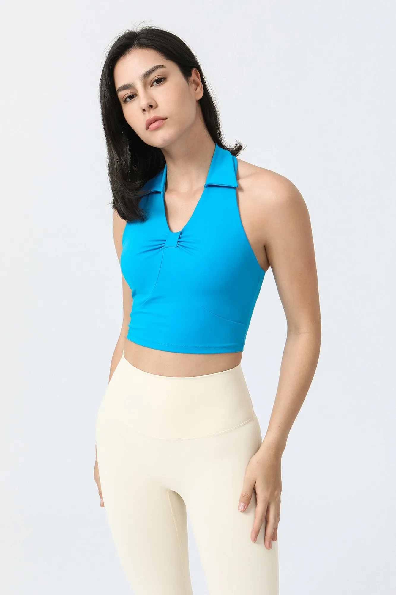 Lapel Front Ruched Halter Sports Bra