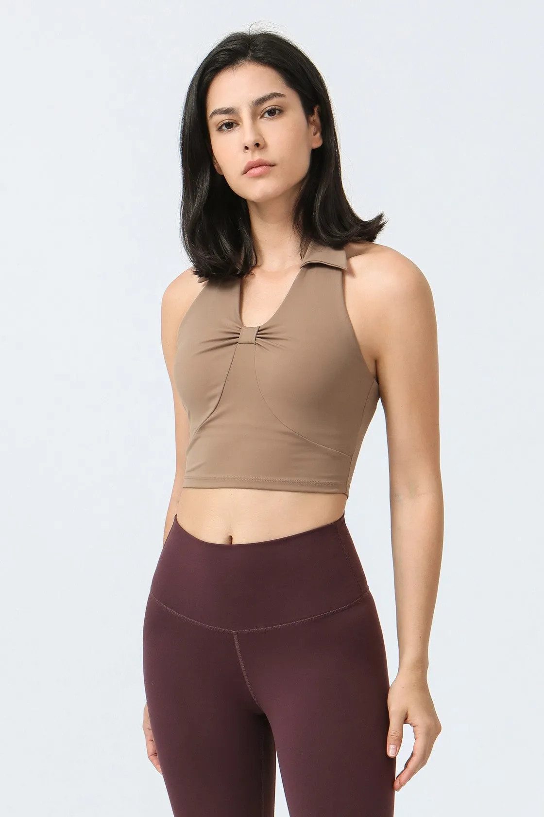 Lapel Front Ruched Halter Sports Bra