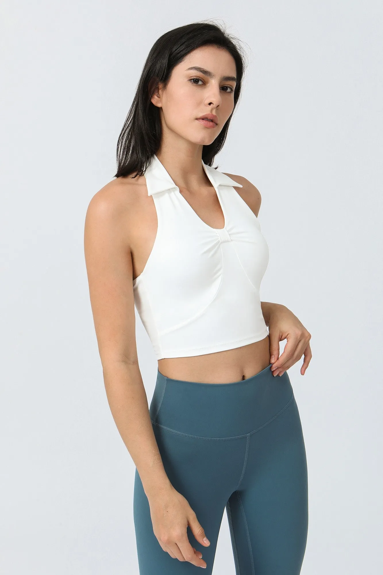 Lapel Front Ruched Halter Sports Bra