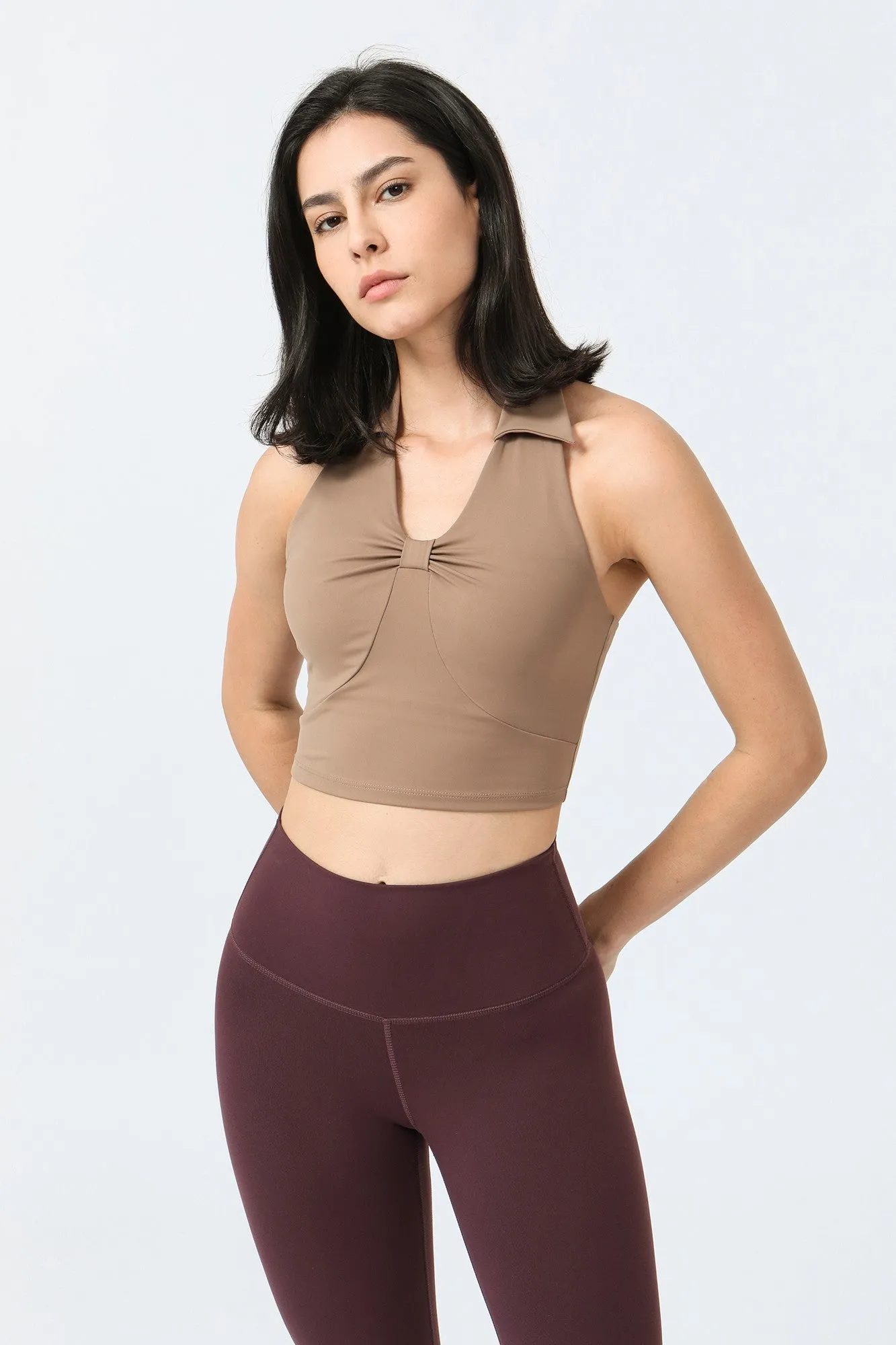 Lapel Front Ruched Halter Sports Bra