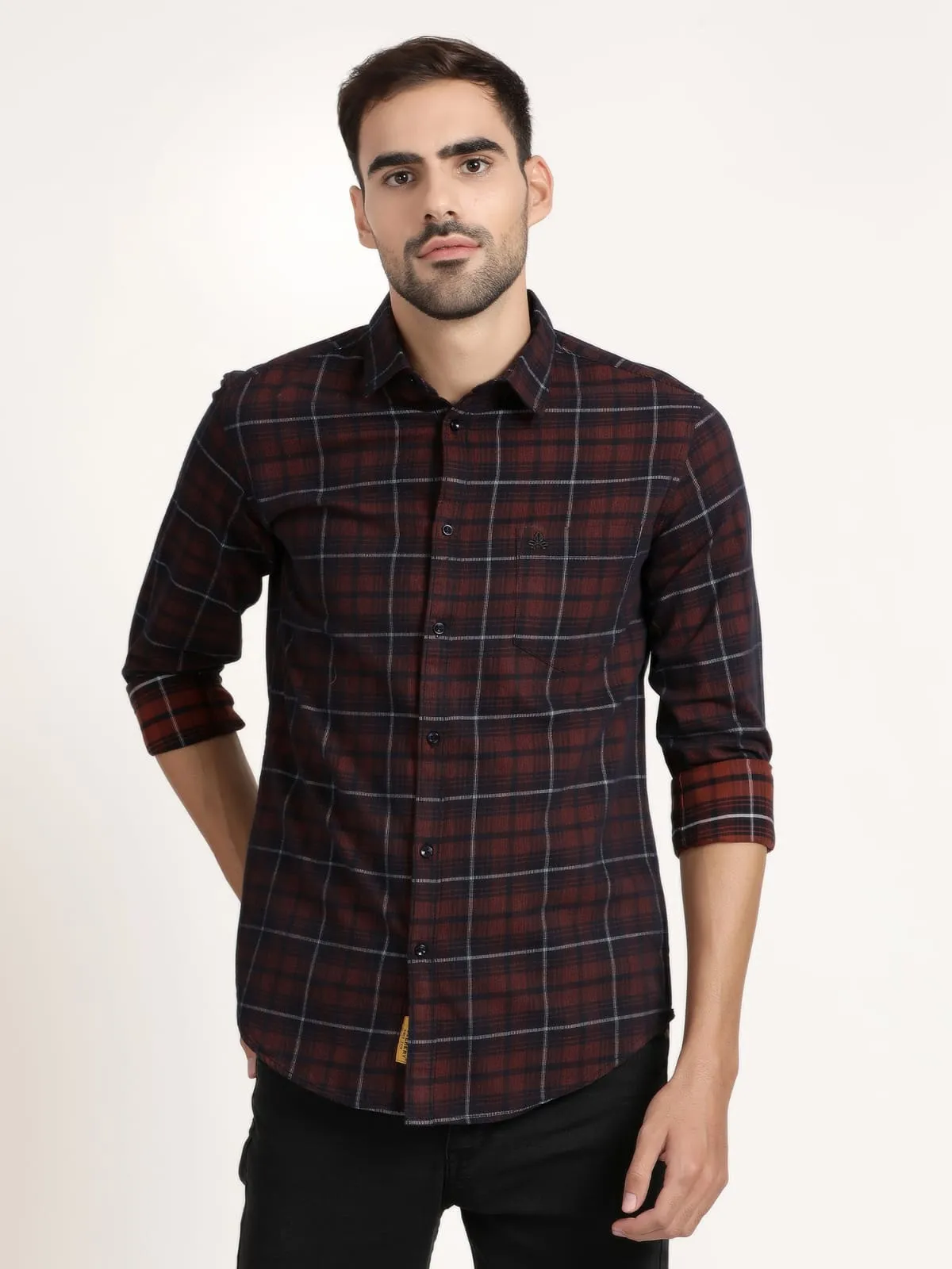 Men Maroon Checked Semi Formal Shirt (GBRJ6012)