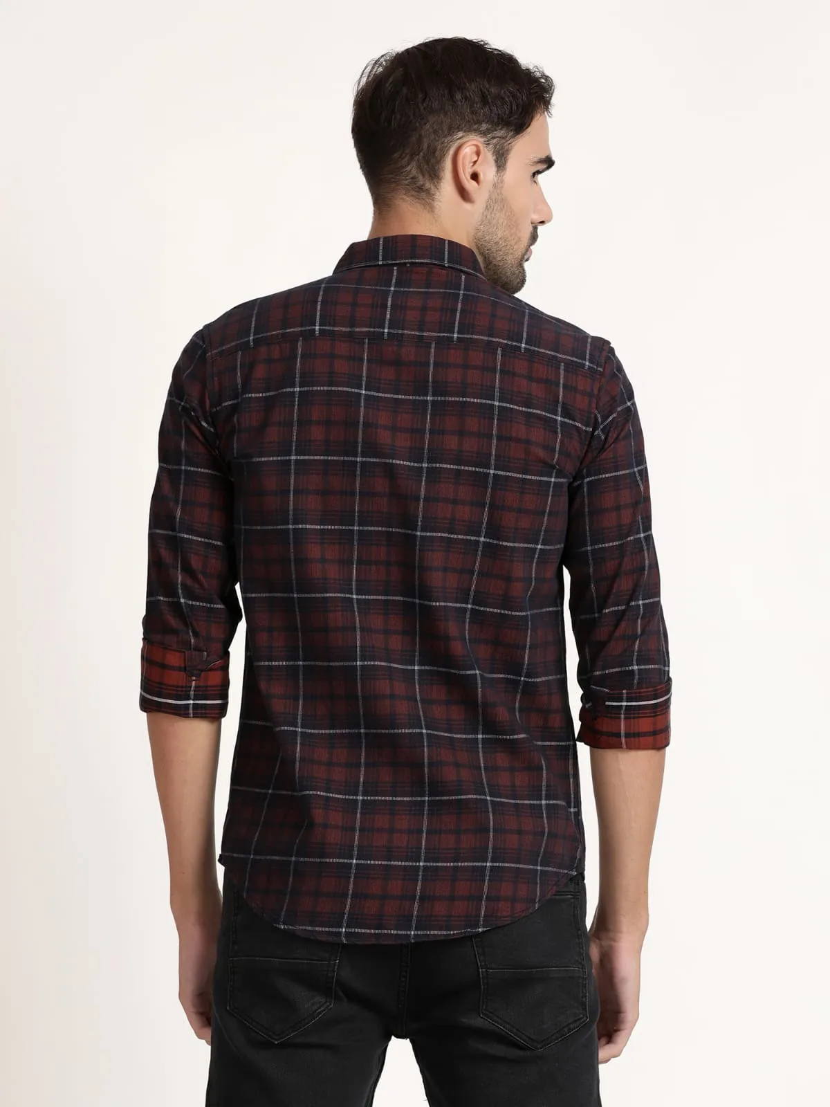 Men Maroon Checked Semi Formal Shirt (GBRJ6012)