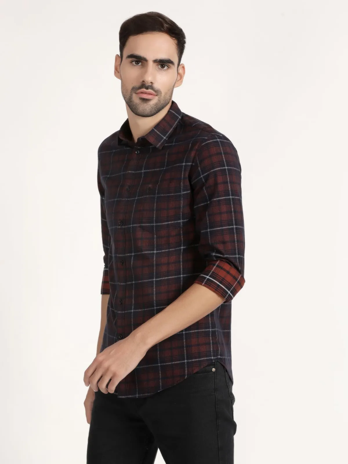 Men Maroon Checked Semi Formal Shirt (GBRJ6012)