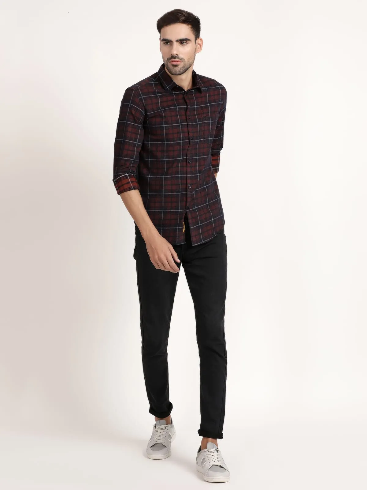 Men Maroon Checked Semi Formal Shirt (GBRJ6012)