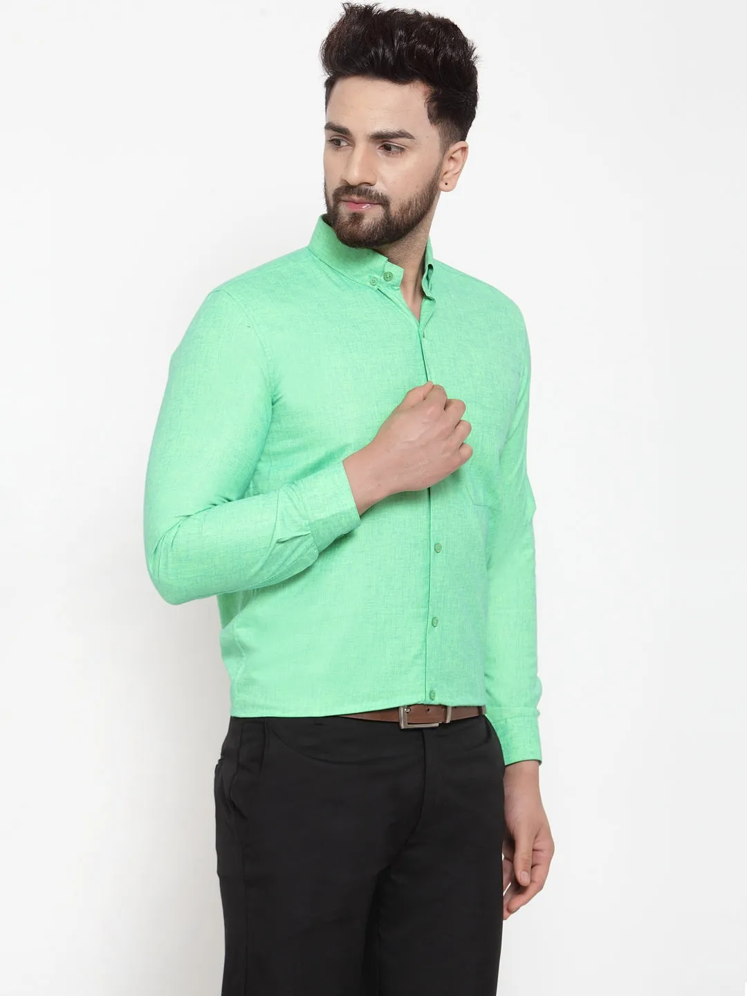 Men's Green Cotton Solid Button Down Formal Shirts ( SF 753Green ) - Jainish