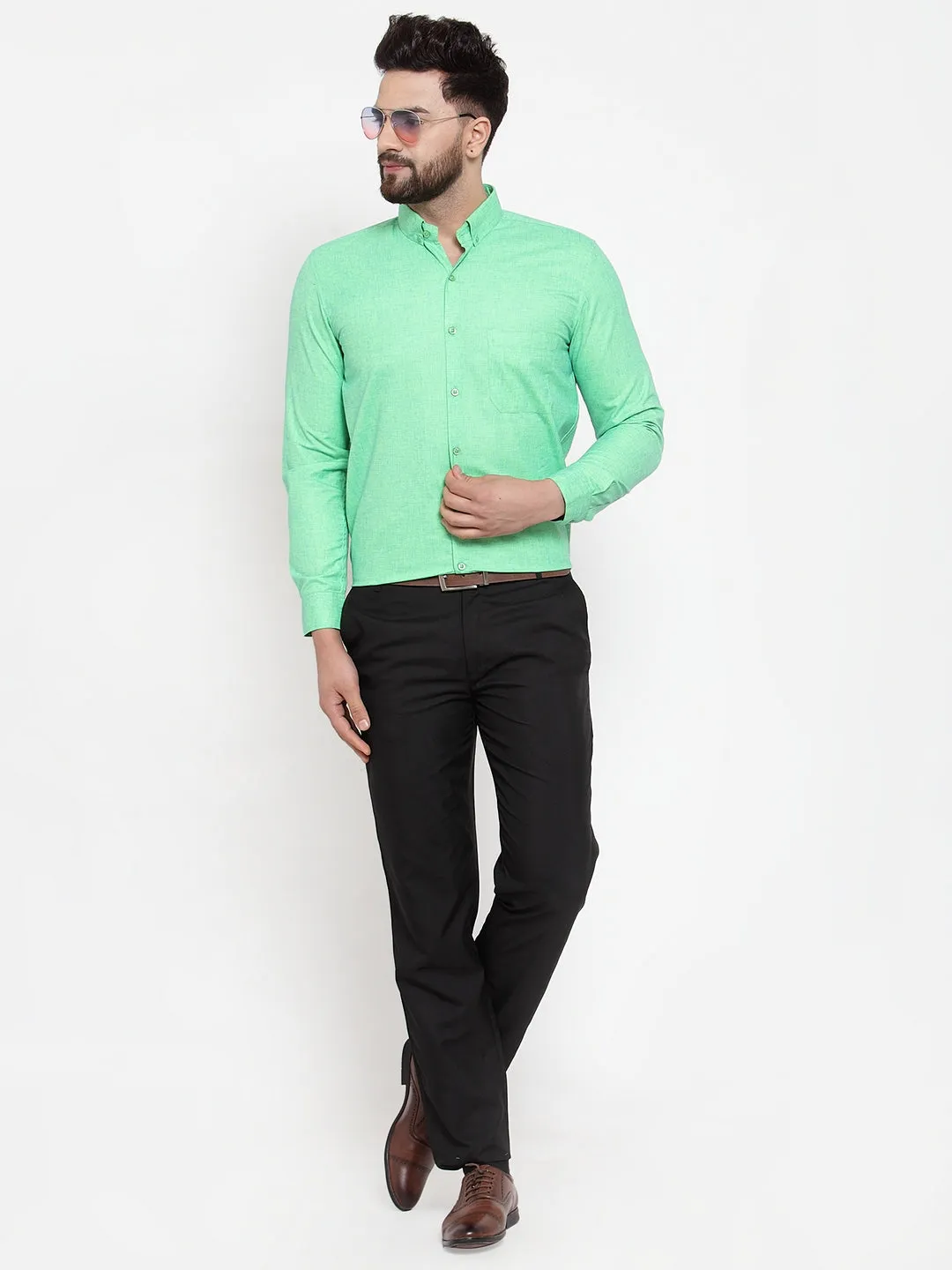 Men's Green Cotton Solid Button Down Formal Shirts ( SF 753Green ) - Jainish