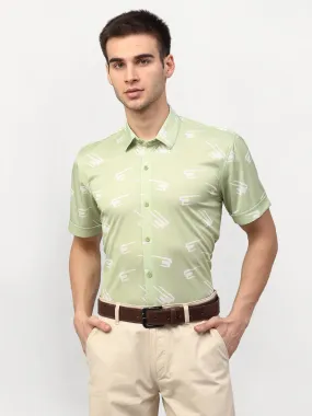 Men's Green Printed Lycra Half Sleevess Formal Shirts ( SF 778Pista ) - Jainish