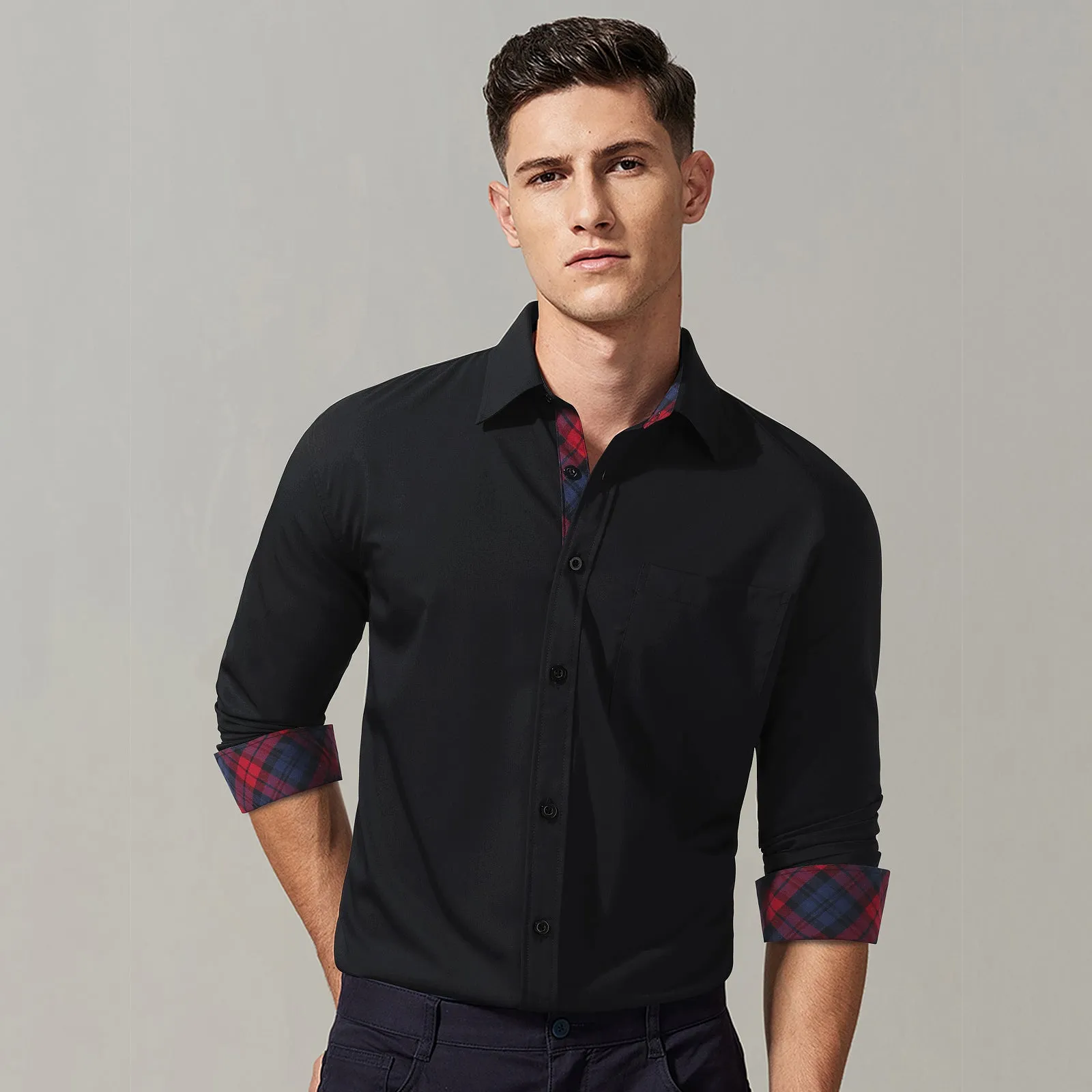 Men's Patchwork Dress Shirt Long Sleeve Button Down Casual Shirt - 04-BLACK/RED