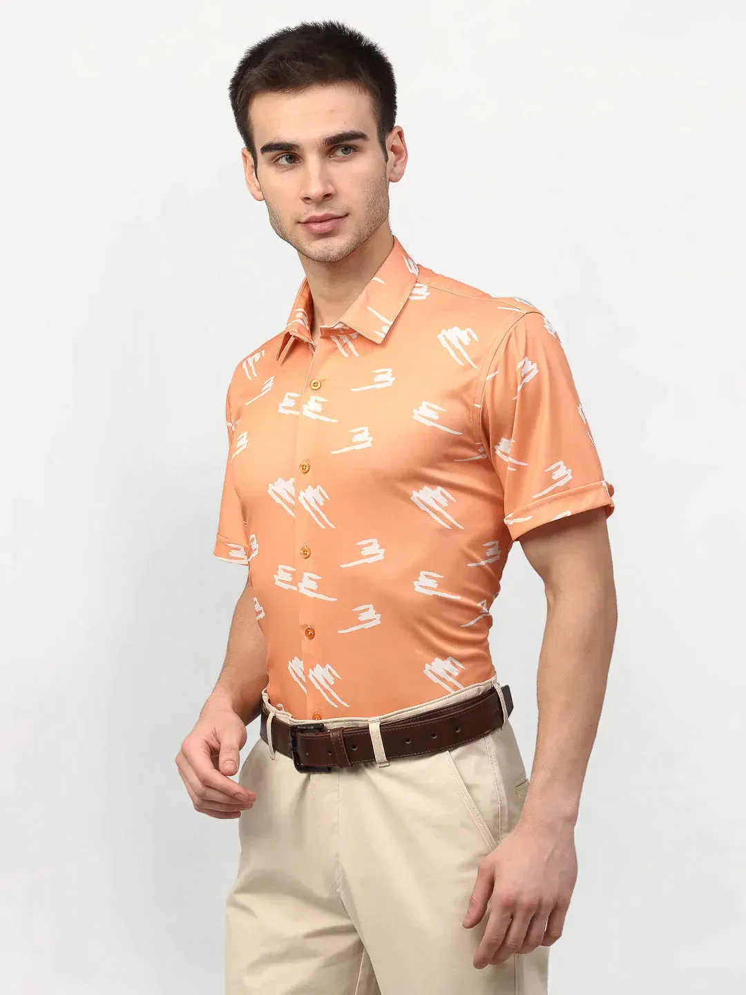 Men's Peach Printed Lycra Half Sleeves Formal Shirts - Taantav