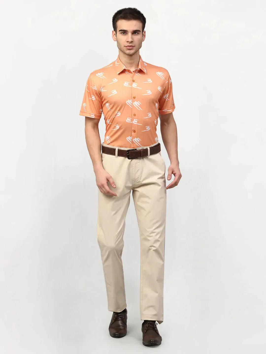 Men's Peach Printed Lycra Half Sleeves Formal Shirts - Taantav