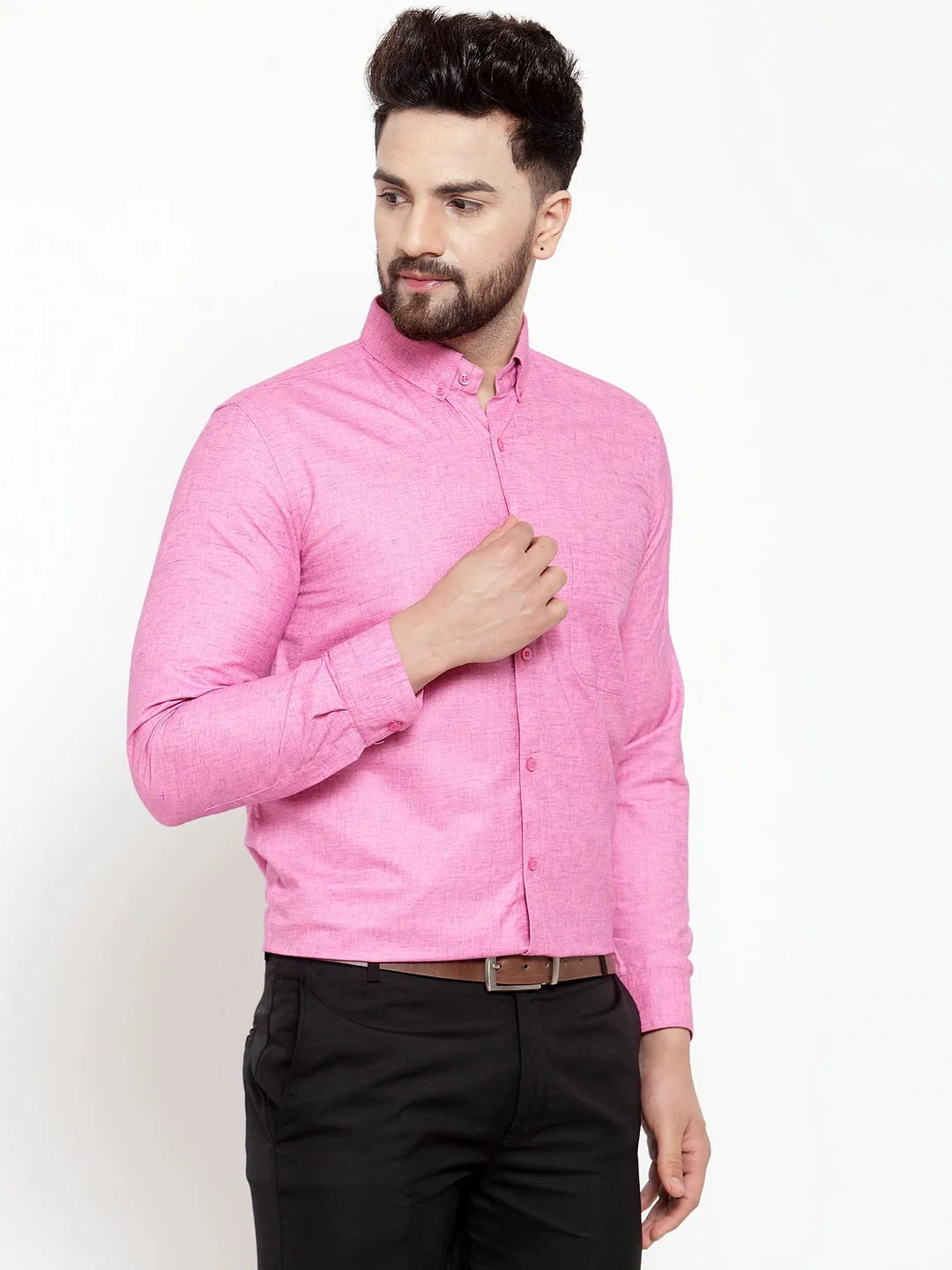 Men's Pink Cotton Solid Button Down Formal Shirts ( SF 753Pink ) - Jainish