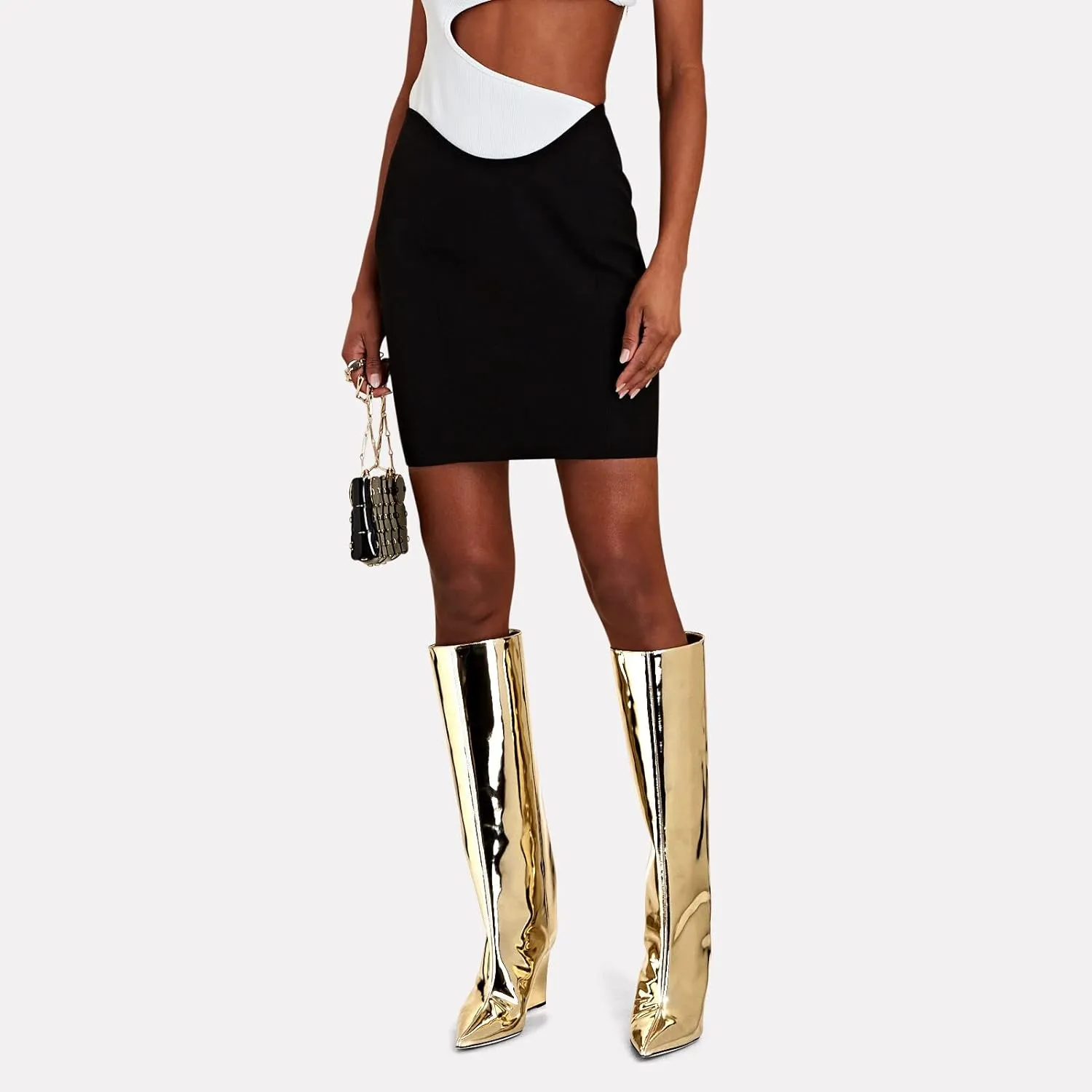 Metallic Silver Leather Wedge Heel Knee High Boots