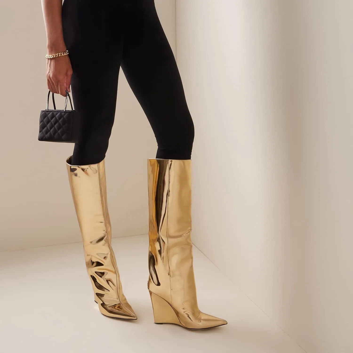 Metallic Silver Leather Wedge Heel Knee High Boots