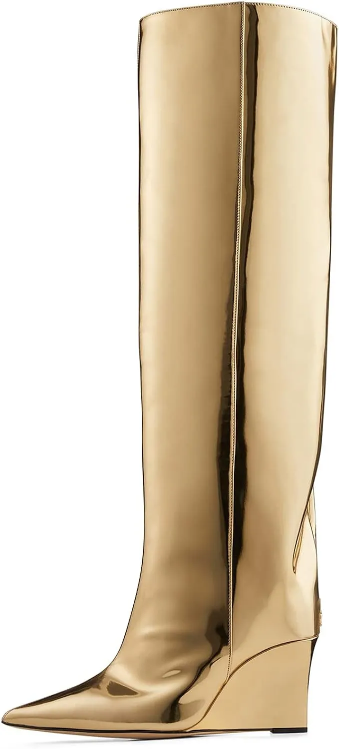 Metallic Silver Leather Wedge Heel Knee High Boots