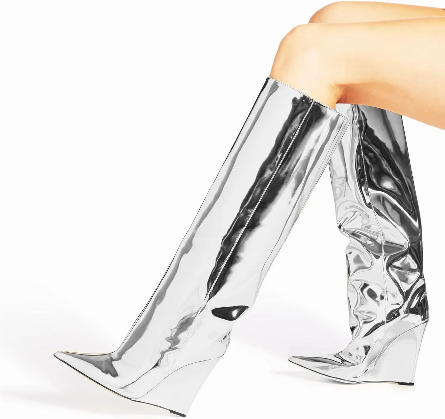 Metallic Silver Leather Wedge Heel Knee High Boots