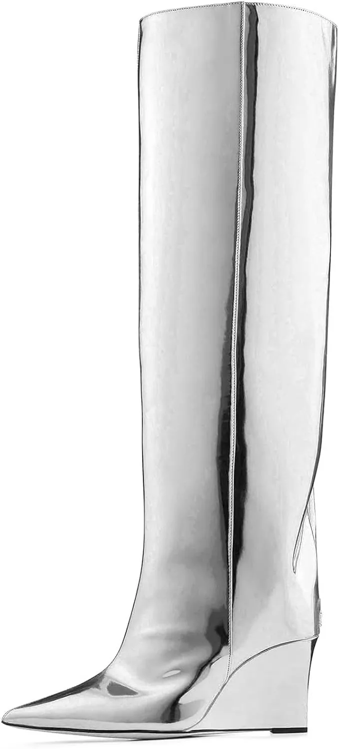 Metallic Silver Leather Wedge Heel Knee High Boots