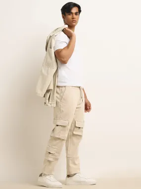 Nuon Beige Relaxed-Fit Mid-Rise Cotton-Blend Cargo Chinos