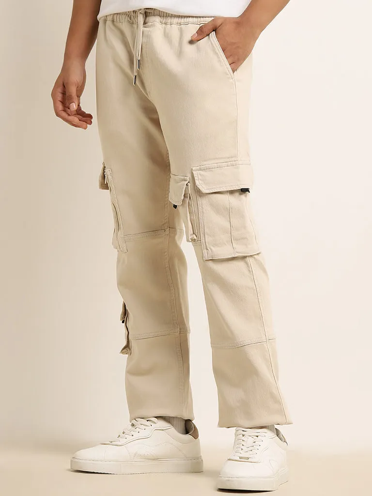 Nuon Beige Relaxed-Fit Mid-Rise Cotton-Blend Cargo Chinos