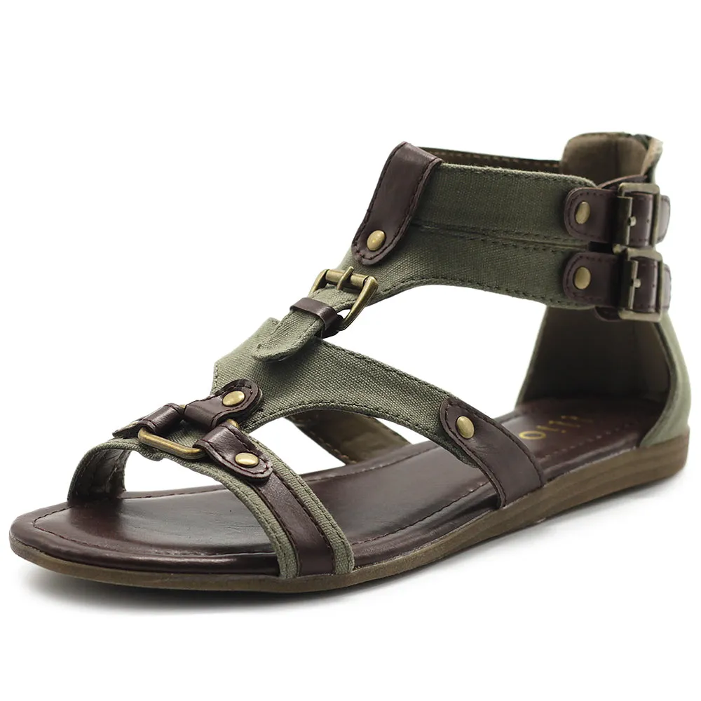 Ollio Women's Flat Shoe Gladiator Strappy Buckle Ankle Strap Back Zipper Sandal