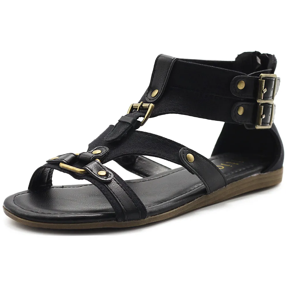 Ollio Women's Flat Shoe Gladiator Strappy Buckle Ankle Strap Back Zipper Sandal