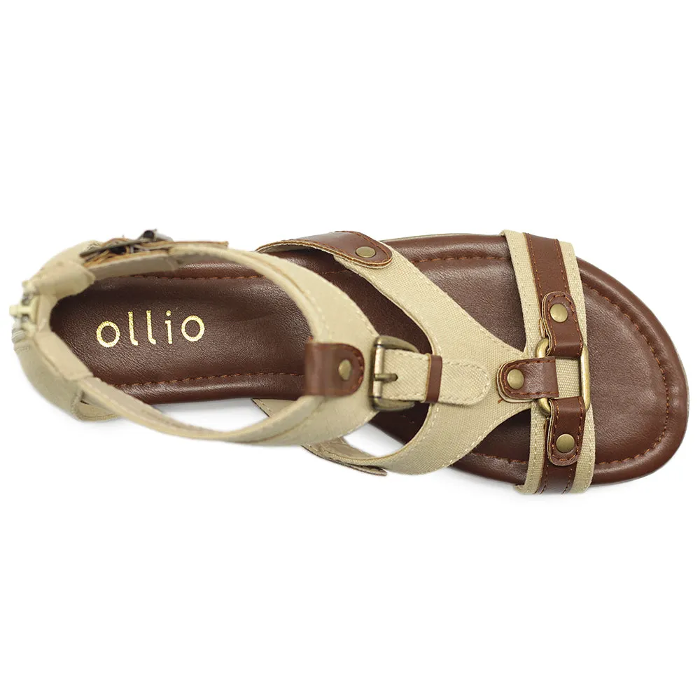 Ollio Women's Flat Shoe Gladiator Strappy Buckle Ankle Strap Back Zipper Sandal