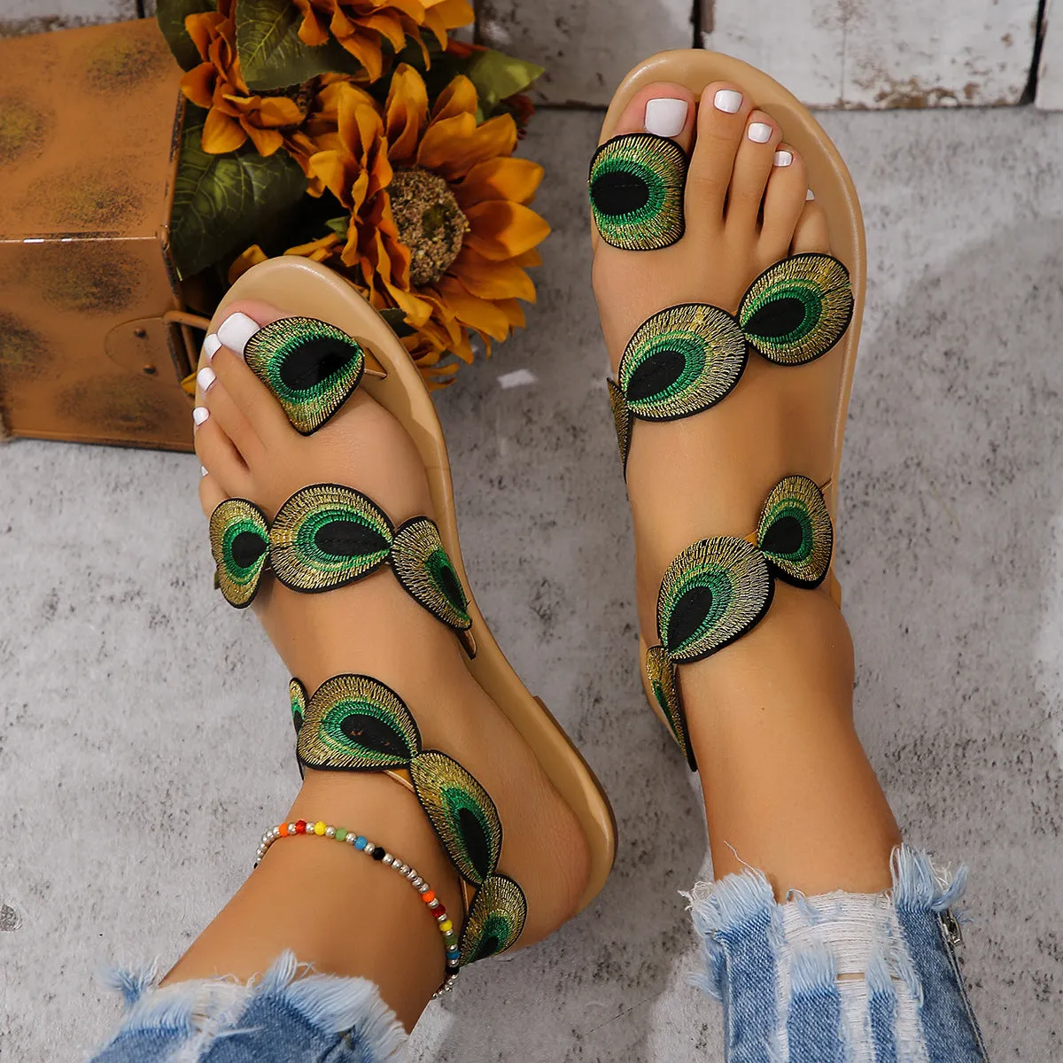 Peacock Embroidery Design Flat Sandals