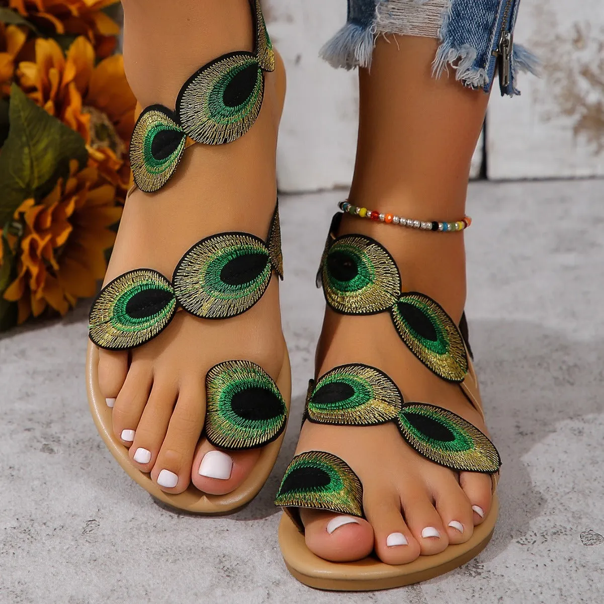 Peacock Embroidery Design Flat Sandals