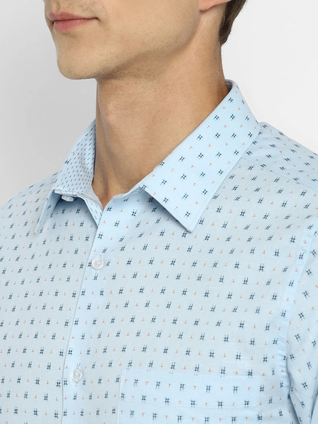 Sky Blue Linen Printed Slim Fit Shirts