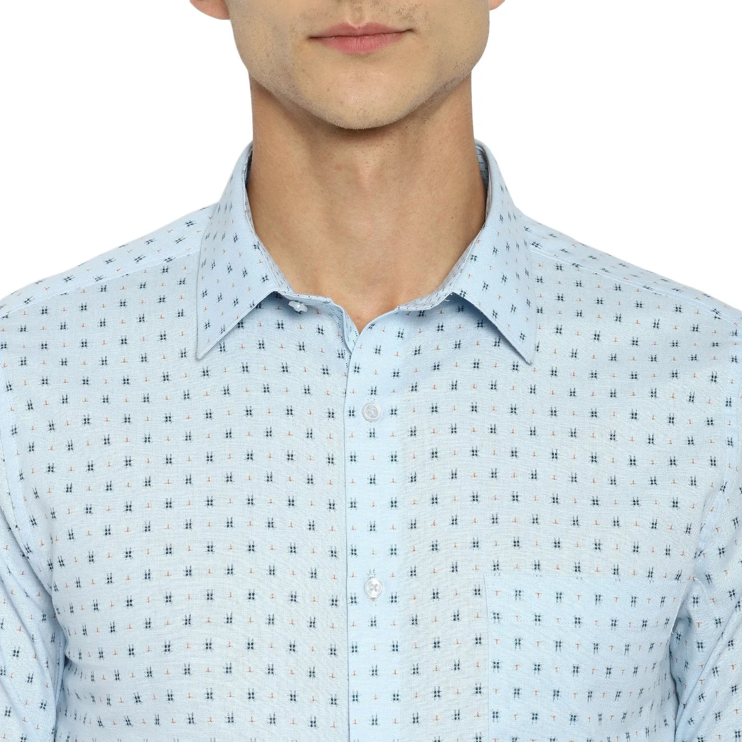 Sky Blue Linen Printed Slim Fit Shirts